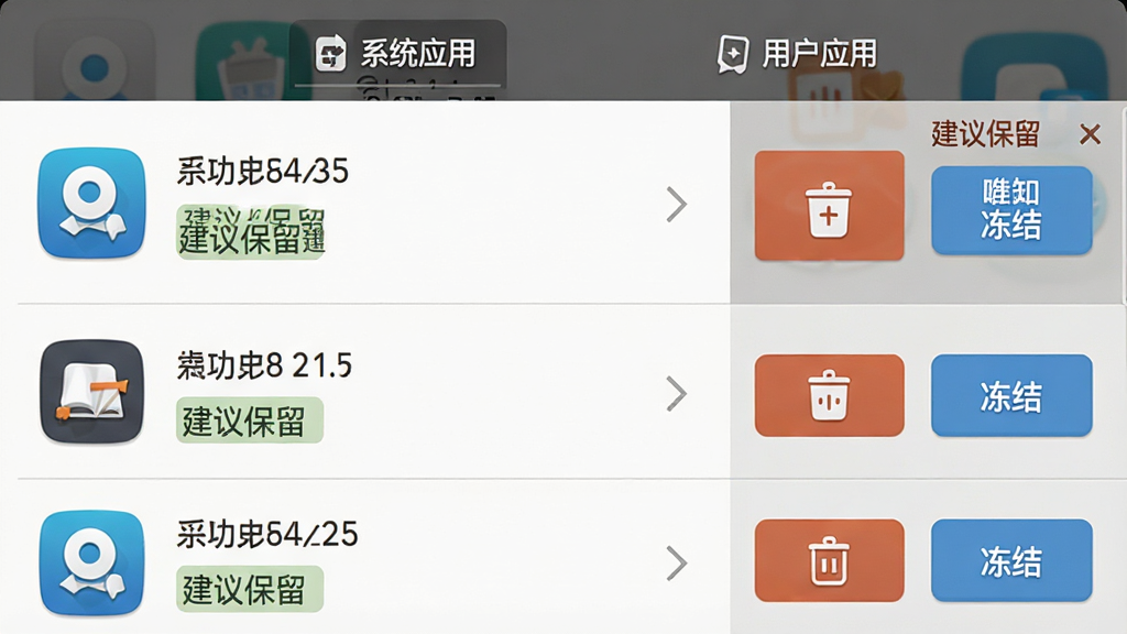 一张展示预装应用卸载界面的图片,画面中是一个应用列表,每个应用右侧有卸载和冻结按钮,顶部有系统应用与用户应用分类标签,部分应用标注为“建议保留”,布局为垂直列表,风格为简洁工具风,细节包括应用图标、大小显示、状态标签,画质高清,干净,无多余元素