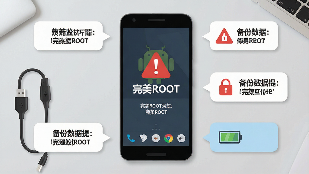 一张展示安卓手机ROOT操作注意事项的图片,画面中是一部手机屏幕显示“完美ROOT”操作界面,旁边有红色警告图标和备份数据提示文字,背景是浅灰色桌面,布局为手机居中,周围环绕提示气泡,风格为扁平化信息图,细节包括数据线、备份图标、电量图标,画质高清,干净,无多余元素