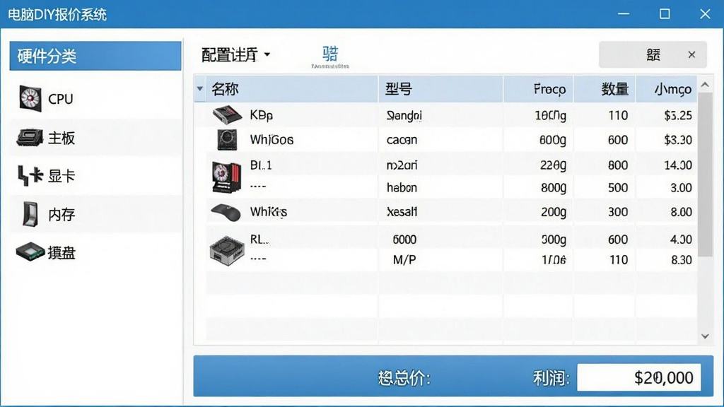 一张展示电脑DIY报价系统软件界面的图片,画面中央是软件主窗口,左侧为硬件分类列表包含CPU、主板、显卡、内存、硬盘等选项,右侧为配置清单表格显示各配件名称、型号、单价、数量和小计,底部显示总价和利润金额。整体布局清晰整齐,采用蓝色和白色为主的商务风格,界面干净简洁,画质高清,无多余元素。