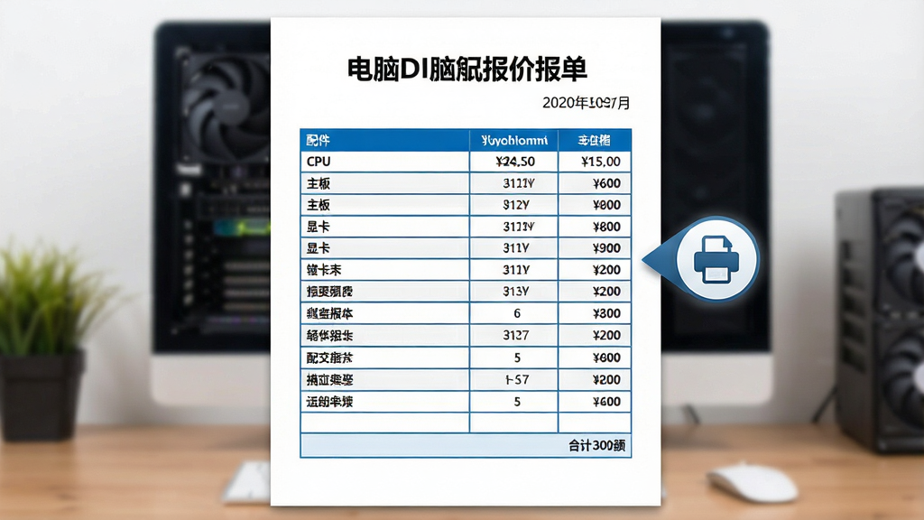 一张展示电脑DIY报价系统一键生成报价单功能的图片,画面中央是一份完整的电脑配置报价单文档,顶部有店铺名称和日期,中间是配件清单表格包含CPU、主板、显卡等条目及价格,底部显示合计金额。文档右侧有一个打印按钮图标。整体排版整齐规范,采用白色纸张背景和蓝色表格线,风格商务专业,画质高清,无多余元素。