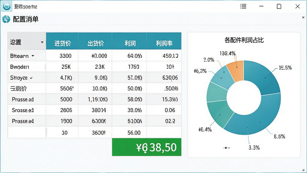 一张展示电脑DIY报价系统利润计算功能的图片,画面中央是软件界面,显示一个配置清单表格,表格中包含进货价、出货价、利润和利润率四列数据,底部有总利润汇总显示为绿色数字。界面右侧有一个饼图展示各配件利润占比。整体采用白色背景和蓝绿色调,风格清晰直观,画质高清,干净无多余元素。