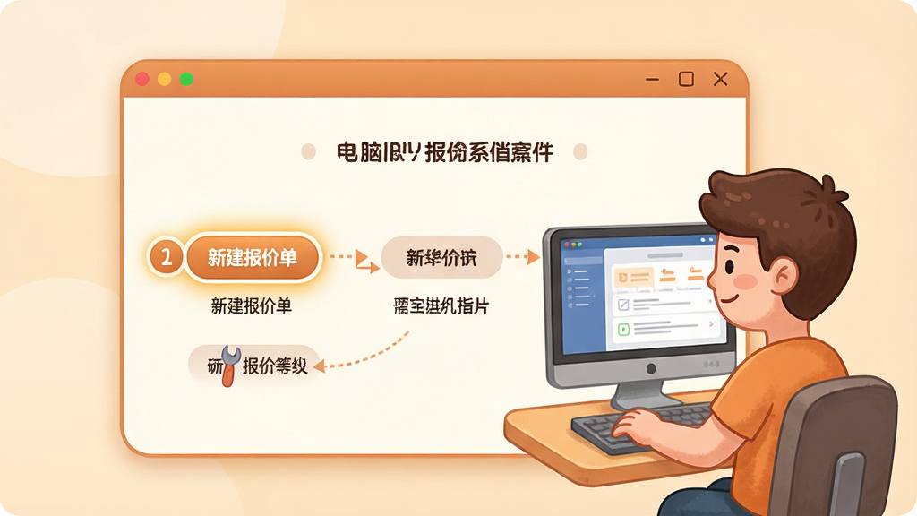一张展示电脑DIY报价系统新手操作引导界面的图片,画面中央是软件窗口显示分步操作指引,第一步高亮显示新建报价单按钮,旁边有数字标注和简短文字说明,右侧有一个卡通人物形象正在操作电脑。整体采用暖色调和圆角设计,风格友好亲切,画质高清,干净无多余元素。