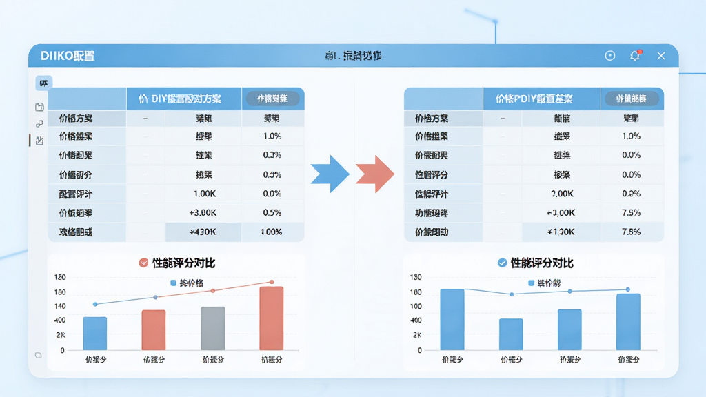 一张展示电脑DIY报价系统配置方案对比功能的图片,画面中央是软件界面,左右并排显示两套电脑配置方案表格,中间有对比箭头,表格下方显示价格差异和性能评分对比柱状图。整体布局对称整齐,采用浅蓝色和白色配色,风格清爽简约,画质高清,无多余元素。