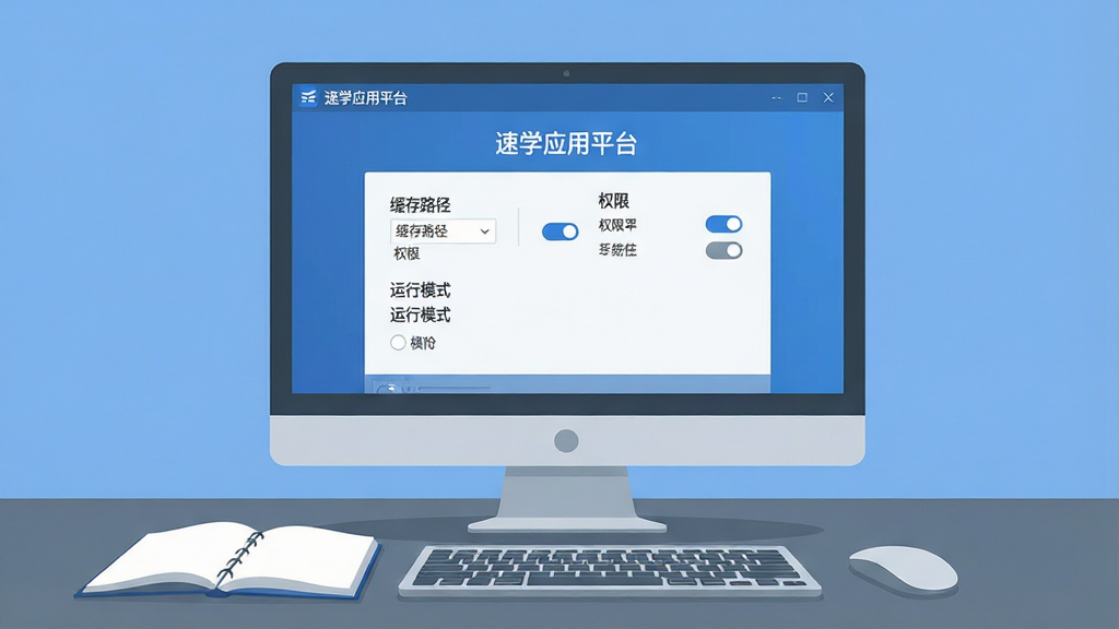 一张表现电脑端学习软件安装与设置界面的插画,画面主体为一台显示器,屏幕上显示“速学应用平台”的设置页面,包含缓存路径选择、权限开关与运行模式选项;屏幕旁边有鼠标和键盘,桌面上放着一本打开的笔记本;整体采用扁平化科技插画风格,配色以蓝灰为主,布局简洁清晰,细节干净,画质明亮,无多余元素