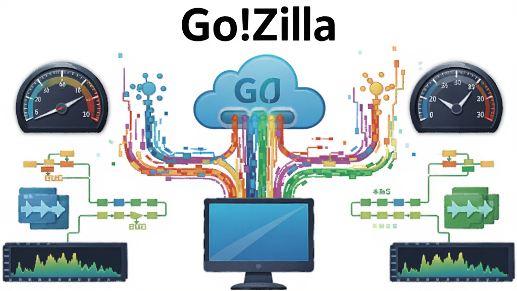 软件名称“Go!Zilla”位于画面顶部居中,主体为多条彩色数据流从云端汇聚到本地电脑,布局为左右对称,风格为科技感插画,细节包括速度仪表盘、多线程图标、带宽波形,画质高清,干净无多余元素。