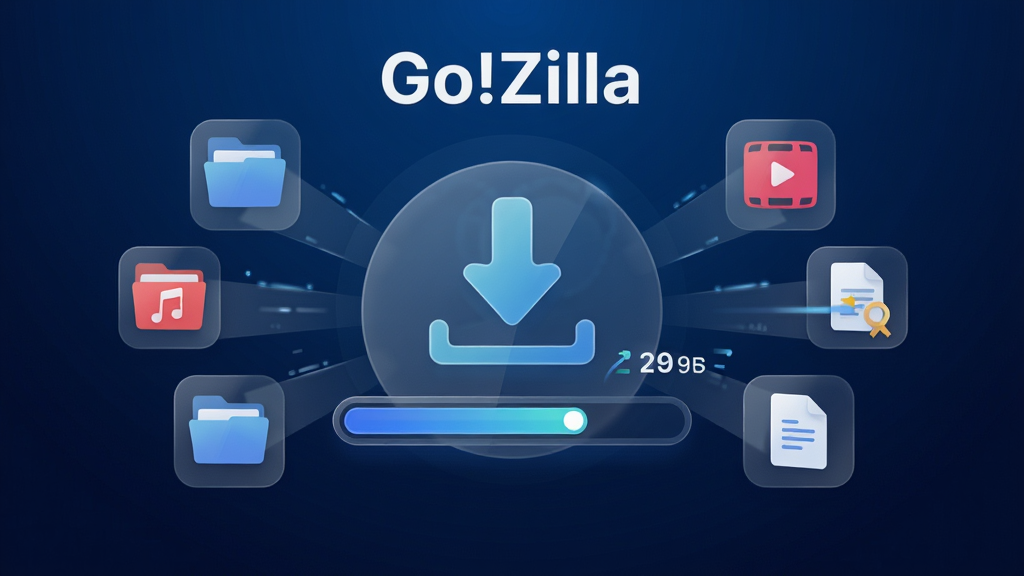 软件名称“Go!Zilla”居中,背景为深蓝色科技感渐变,画面主体是一个下载箭头图标与进度条组合,周围环绕文件夹、音乐、视频、文档等文件类型图标,布局采用中心辐射式,风格为扁平化现代UI,细节包括半透明玻璃质感、柔和阴影、高速下载速度线,画质为4K高清,干净无多余元素。