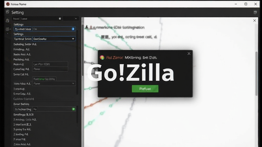 软件名称“Go!Zilla”位于画面中央,主体为电脑屏幕显示软件设置界面与错误提示弹窗,布局为左右对比,风格为写实科技风,细节包括设置选项、错误代码、修复按钮,画质高清,干净无多余元素。