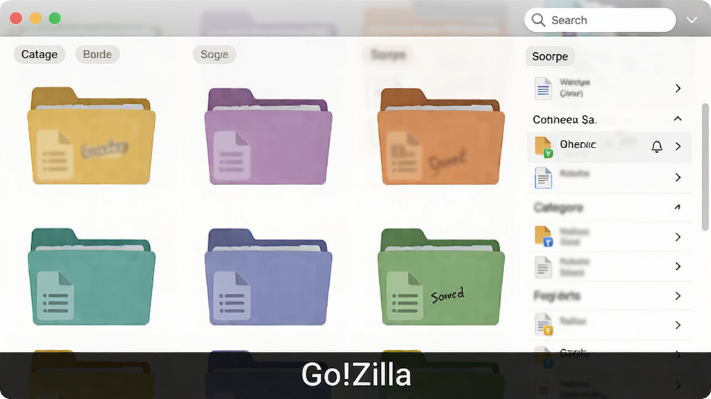软件名称“Go!Zilla”位于画面底部居中,主体为多个彩色文件夹图标与文件列表,布局为网格状,风格为清新扁平化,细节包括分类标签、搜索框、排序箭头,画质高清,干净无多余元素。