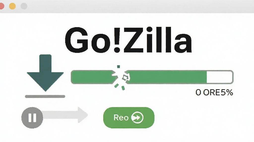 软件名称“Go!Zilla”出现在画面中央,主体为一个断开的下载箭头重新连接并继续填充进度条,布局为上下结构,风格为简洁扁平化,细节包括暂停按钮、恢复按钮、进度百分比,画质清晰,干净无多余元素。