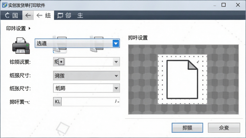 一张展示实创发货单打印软件打印机设置界面的图片,画面中有打印机选择下拉菜单、纸张尺寸设置选项和打印预览按钮,背景为软件设置面板,风格为专业工具界面,细节包括打印机图标和纸张示意图,画质清晰,干净,无多余元素
