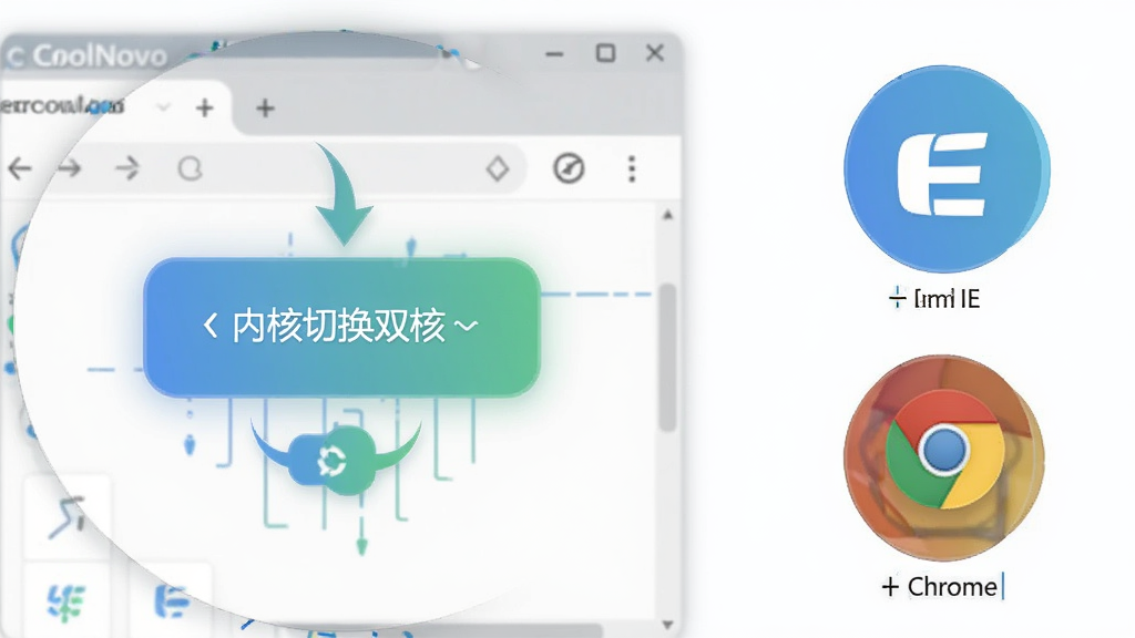 一张功能示意图,主体是枫树浏览器(CoolNovo)的内核切换按钮与双核标识,布局为左侧浏览器窗口局部放大,右侧两个圆形图标分别标注IE与Chrome,排版左右对比,风格为扁平化科技风,细节包含蓝色与绿色渐变、箭头指示切换方向,画质清晰,干净,无多余元素