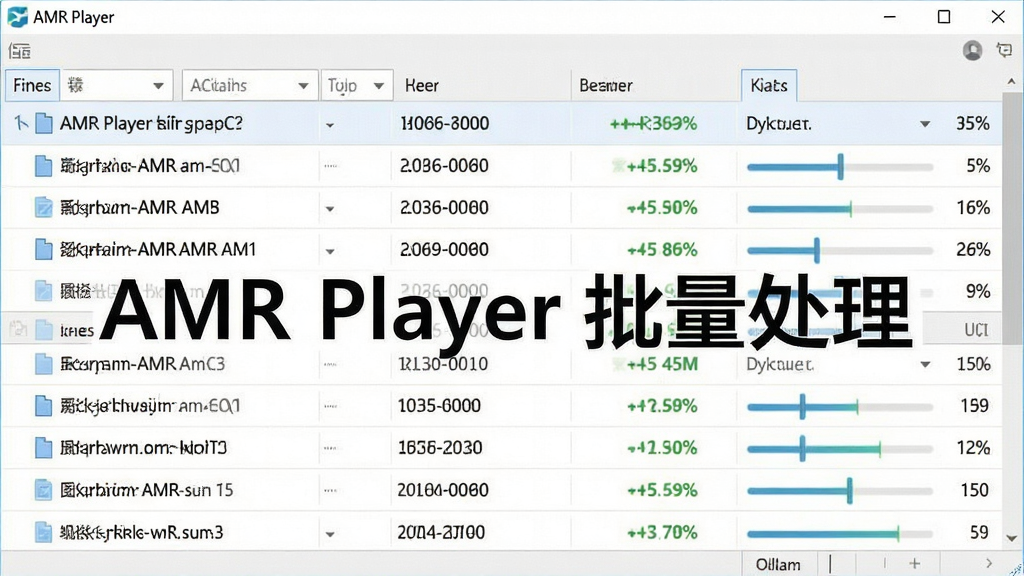 一张展示 AMR Player 批量转换任务列表的图片,主体为软件界面中的任务队列,布局为多行列表,排版清晰,风格为清爽浅色,细节包括文件名、状态、进度百分比,画质干净,文字标注为“AMR Player 批量处理”。