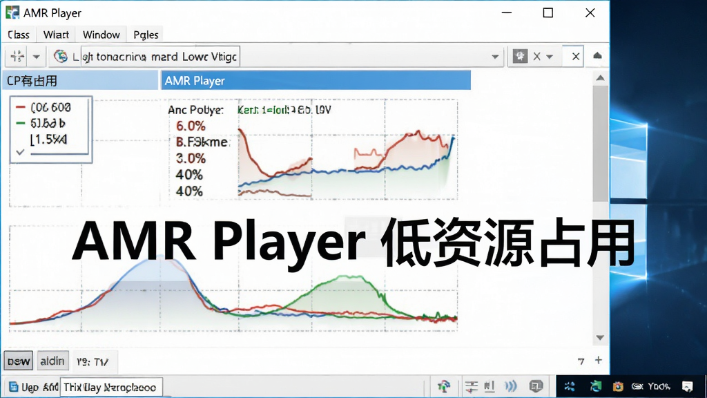 一张展示 AMR Player 在 Windows 电脑上运行时的任务管理器资源占用截图,主体为软件进程与 CPU 内存占用数据,布局为任务管理器窗口,排版简洁,风格为科技感,细节包括低占用百分比与流畅曲线,画质清晰,文字标注为“AMR Player 低资源占用”。