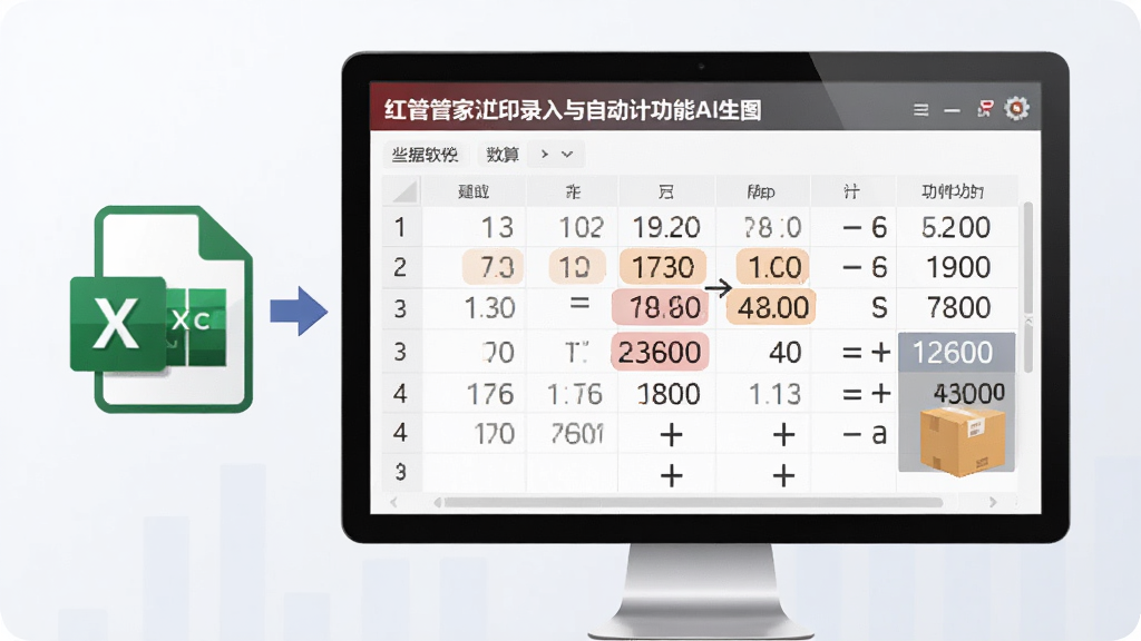 红管家送货单打印软件数据录入与自动计算功能的AI生图,画面展示屏幕上表格内数字正在自动汇总,旁边有导入Excel文件的图标,界面背景为浅色,风格高效商务,细节包括数字高亮显示和计算符号,画质清晰,干净,无多余元素。