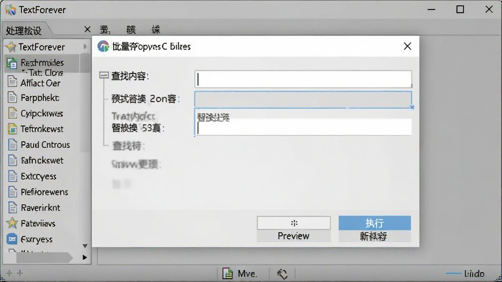 TextForever软件运行界面截图,画面中央展示批量查找替换对话框,左侧列出待处理文件列表,右侧显示查找内容与替换内容输入框,底部有预览按钮和执行按钮,界面风格简洁商务,文字清晰可辨,画质干净