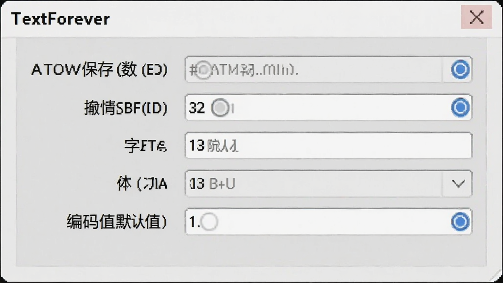 TextForever软件设置界面示意图,画面展示软件选项设置窗口,包含自动保存间隔、撤销步数、字体大小、编码默认值等选项,界面布局清晰,采用浅灰色质感风格,文字标注明确,画质干净无冗余