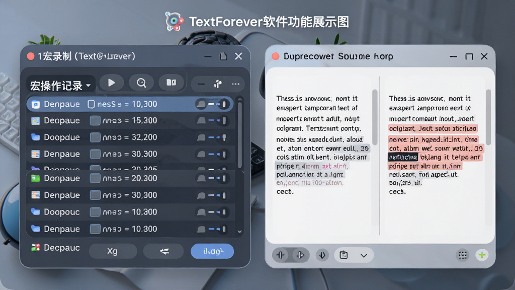 TextForever软件功能展示图,画面中显示宏录制面板与文件对比窗口并排布局,左侧为宏操作记录列表,右侧为两段文本差异高亮对比,整体采用柔和圆角设计风格,界面清爽,细节丰富,画质清晰