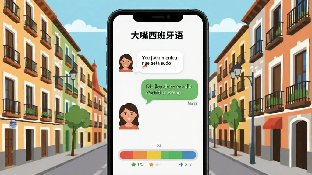 一张展示大嘴西班牙语场景对话练习界面的图片,画面中手机屏幕显示两个人物对话气泡,下方有发音评分条,背景为马德里街头风格插画,风格活泼,画质清晰,干净无多余元素,图片中文字标注“大嘴西班牙语”
