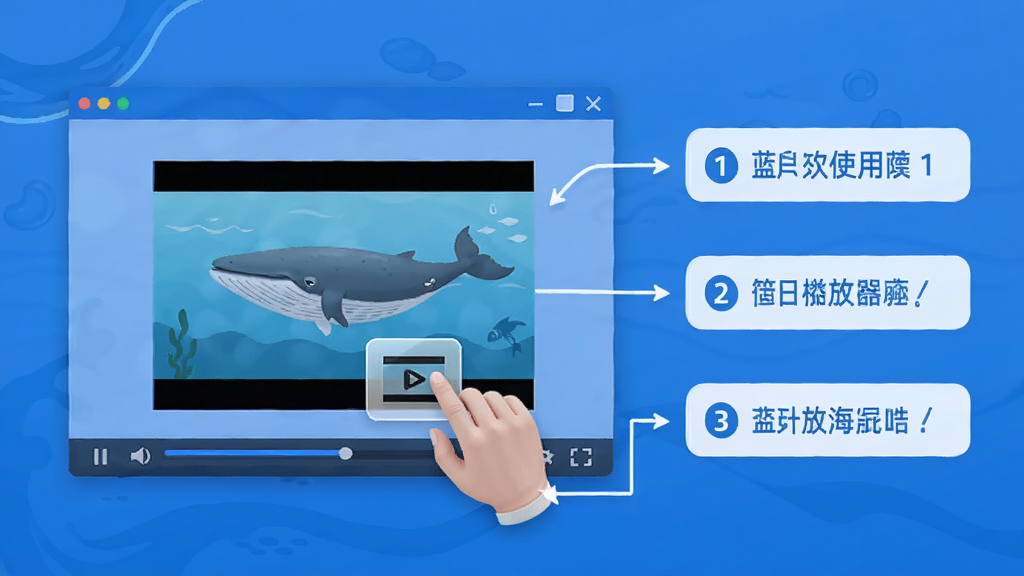 蓝鲸播放器使用教程示意图,画面中展示用户将视频文件拖拽到播放器窗口的操作,旁边有步骤提示文字,界面简洁,蓝色调,风格清晰,画质干净,无多余元素