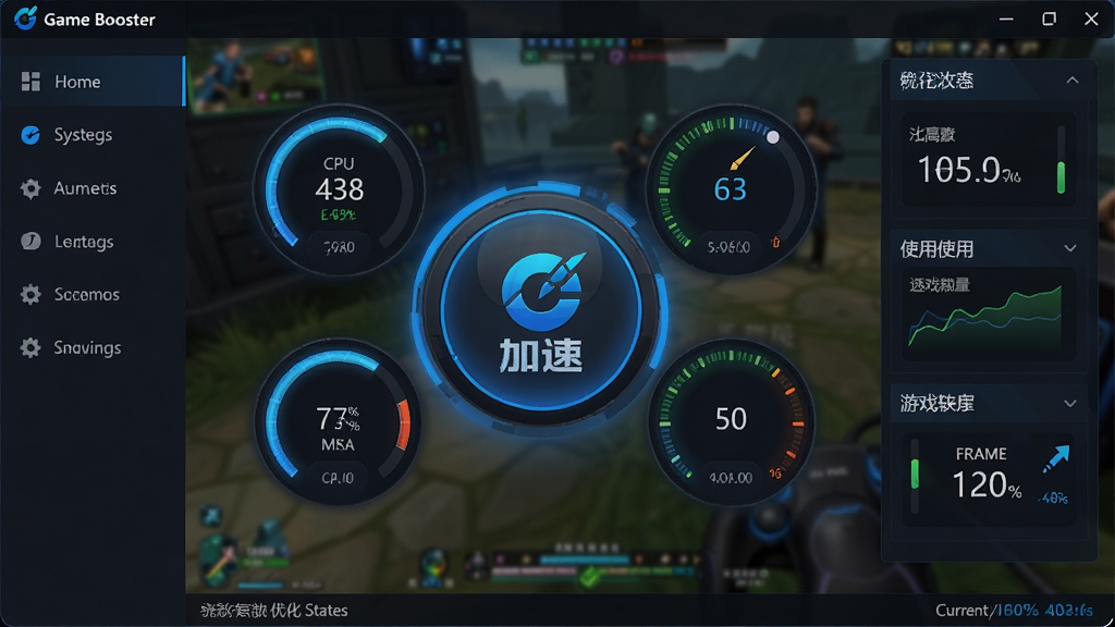一张展示 Game Booster 软件主界面的图片,画面中央是软件标志性的加速按钮,周围环绕着系统状态仪表盘,包括CPU占用率、内存使用率和游戏帧率等数据展示。界面采用深色科技风格,蓝色光效点缀,背景是模糊的游戏画面。整体布局简洁清晰,左侧为功能导航栏,右侧为主控面板,底部显示当前优化状态。风格为现代科技感UI设计,细节精致,画质高清,干净无多余元素。