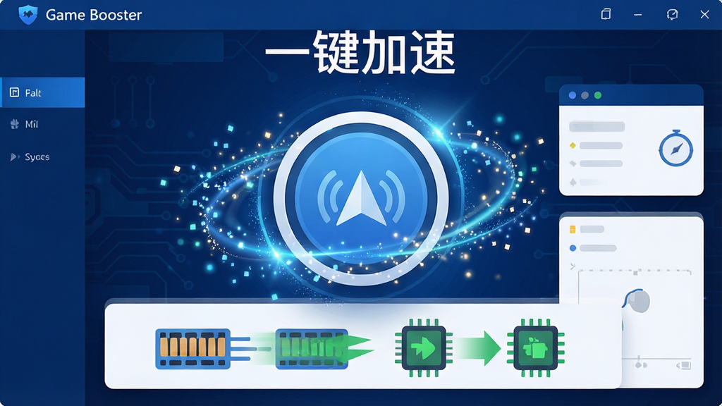 一张展示 Game Booster 一键加速功能的图片,画面中央是一个醒目的圆形加速按钮,按钮周围环绕着动态的粒子光效,背景是深蓝色科技感界面。按钮上方显示