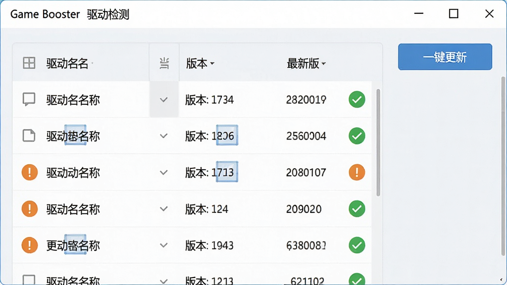 一张展示 Game Booster 驱动检测界面的图片,画面中是一个列表形式的驱动信息展示区,每行显示驱动名称、当前版本号和最新版本号,部分行显示绿色对勾表示已是最新,部分行显示橙色感叹号表示需要更新。界面右侧有