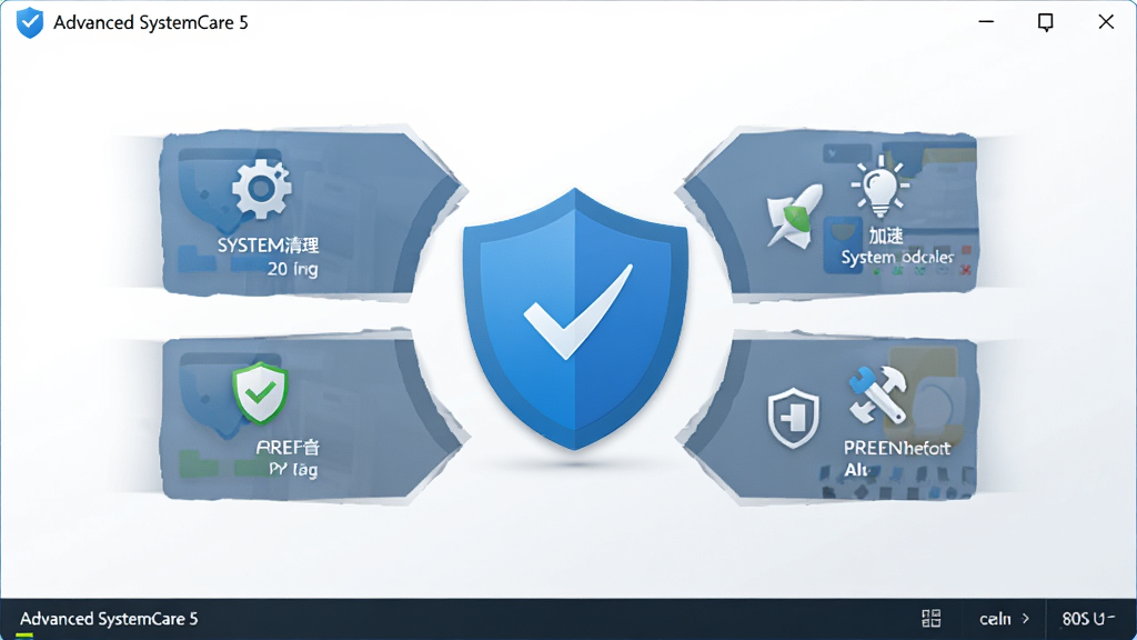 Advanced SystemCare 5 ����������ȫòչʾ������Ϊ��ɫ������ͼ�꣬��Χ����ϵͳ���������١�����������ģ�飬����Ϊ�ɾ��İ�ɫ���䣬�����Ƽ��У�UI Ԫ�����������ʸɾ��޶���Ԫ��