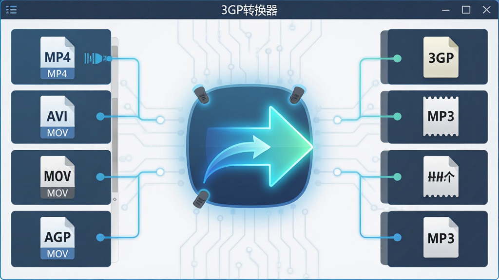 一张展示3GP转换器多格式转换功能的示意图,主体为软件界面中央的格式转换箭头图标,左侧列出MP4、AVI、MOV等输入格式,右侧列出3GP、MP3等输出格式,布局为左右对称结构,排版清晰直观,风格为扁平化科技风,细节包括各格式图标和转换箭头的光效,画质高清,干净无多余元素