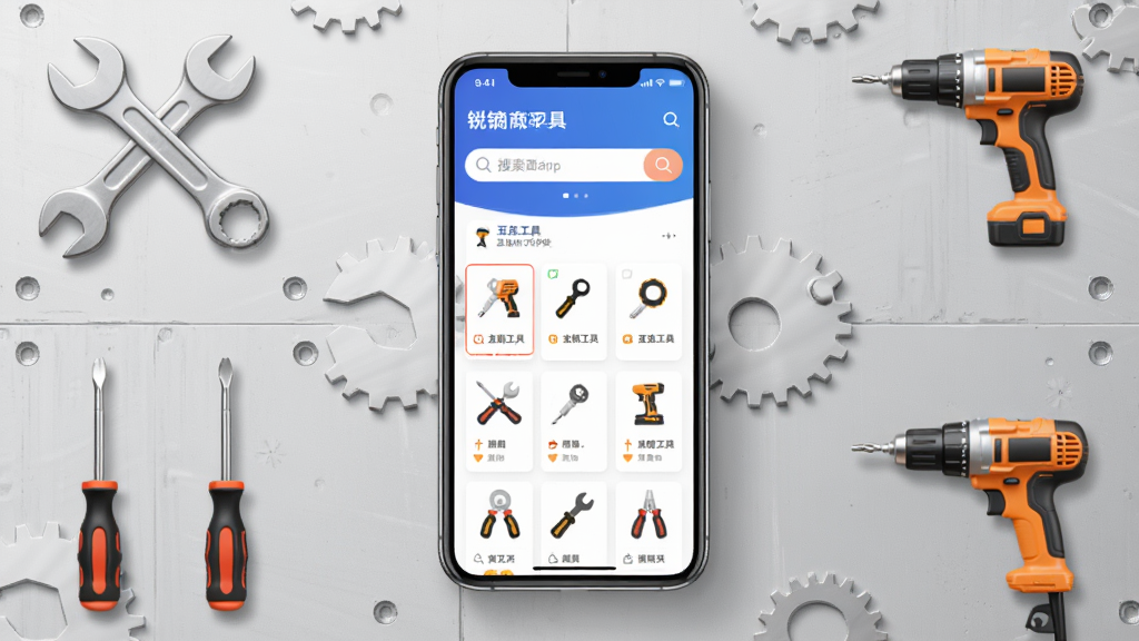 锐锢商城APP首页界面展示,画面中央是一部智能手机,屏幕上显示五金工具分类列表与搜索栏,背景为浅灰色工业风格,周围环绕扳手、螺丝刀、电钻等五金工具图标,整体布局简洁清晰,风格现代商务,细节精致,画质高清,干净无多余元素