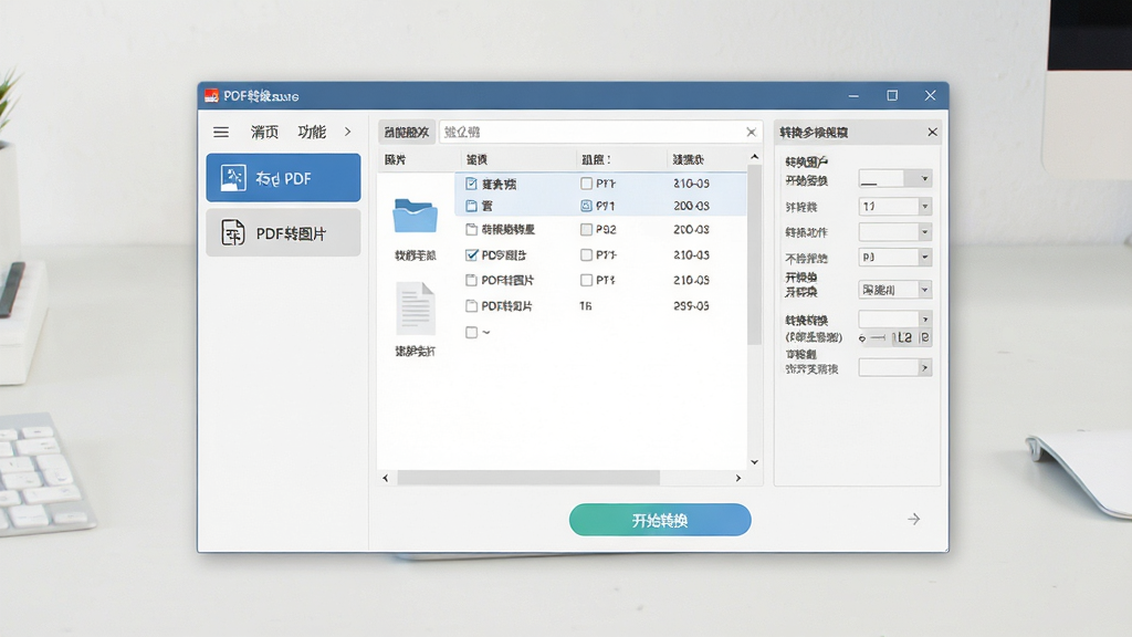 整体展示图片PDF转换器软件的主界面,画面中央是软件窗口,左侧显示功能导航栏包含图片转PDF和PDF转图片两个选项,右侧是文件列表区域和转换参数设置面板,窗口下方有开始转换按钮,背景是干净的浅色桌面环境,风格简洁商务,细节清晰,画质干净,无多余元素