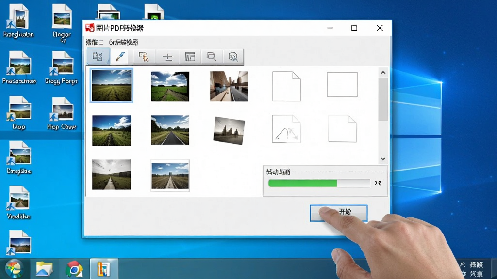 图片PDF转换器软件在Windows电脑上运行时的操作场景截图,画面中软件窗口显示图片列表和转换进度条,旁边有一只手正在点击开始转换按钮,桌面上有若干图片文件图标,软件名称图片PDF转换器在窗口标题栏显示,风格写实,细节清晰,画质干净,无多余元素