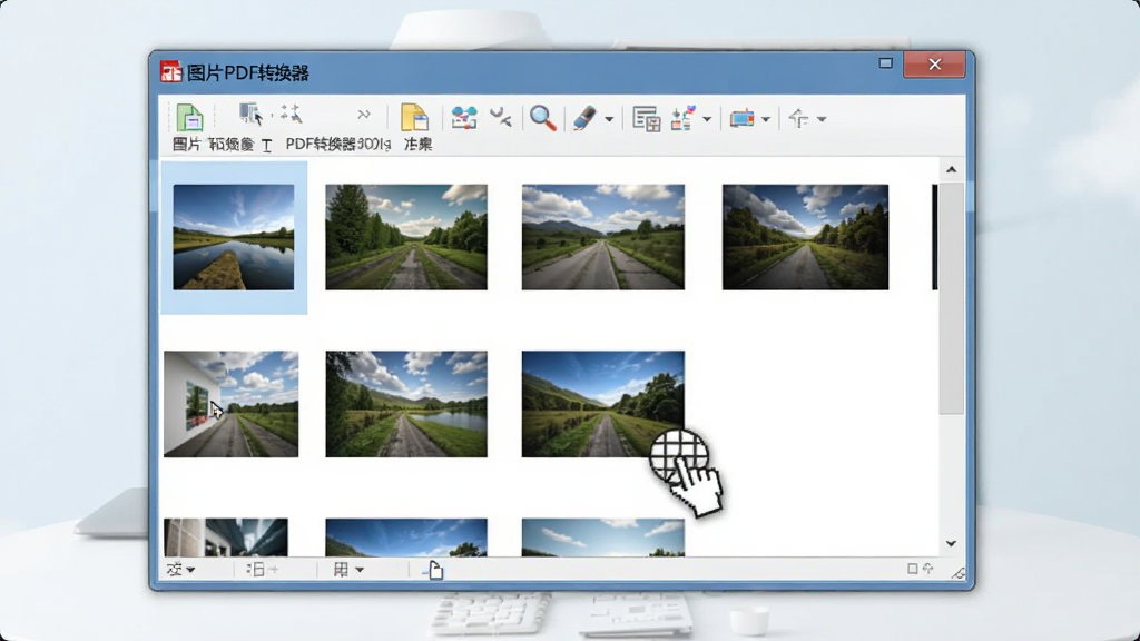 展示图片PDF转换器软件界面上用户正在将一批图片文件拖拽到软件窗口中,鼠标指针带有拖拽图标,窗口中已经显示了几张图片的缩略图预览,软件名称图片PDF转换器在界面标题栏清晰可见,背景为干净的桌面,风格直观友好,细节丰富,画质干净,无多余元素