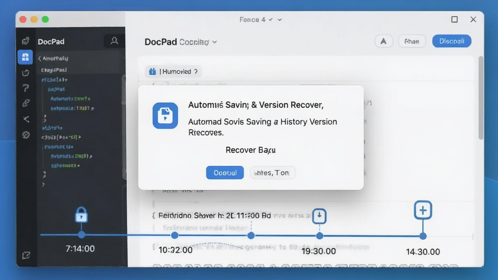 一张展示 DocPad 自动保存与历史版本恢复功能的图片,主体是软件弹窗提示恢复草稿,布局为界面截图加时间轴元素,排版直观,风格为商务科技风,细节包括保存图标和时间戳,画质清晰,干净,无多余元素