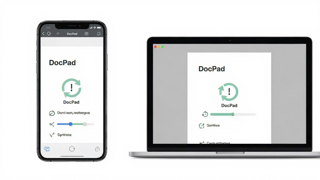 一张展示 DocPad 在手机和电脑上同步使用的图片,主体是手机和笔记本电脑并排显示同一文档,布局为左右对比,排版清晰,风格为现代办公风,细节包括同步图标和进度条,画质高清,干净,无多余元素