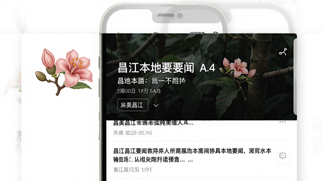 一张新闻资讯聚合页面的UI设计图,画面中显示纯美昌江APP的新闻列表,标题包含昌江本地要闻,排版整齐,风格现代简约,细节带有木棉花图标,画质清晰干净,背景为纯白色。