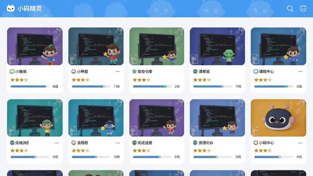 展示课程案例列表界面,主体为多个编程项目缩略图,布局为网格状排列,排版整齐规范,风格清新教育风,细节包含项目封面图、难度星级、完成进度条,画质高清,画面干净,无多余元素,界面顶部显示