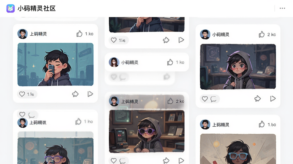 展示作品分享社区界面,主体为多个用户作品卡片,布局为瀑布流排列,排版错落有致,风格社交互动风,细节包含点赞按钮、评论气泡、作者头像、作品预览图,画质高清,画面干净,无多余元素,页面顶部标注