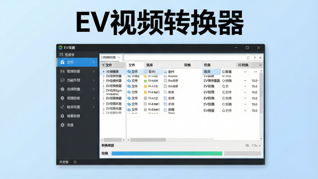 一张展示EV视频转换器软件界面的全景图,画面中央是软件主窗口,左侧为功能导航栏,右侧为文件列表与转换进度条,界面上方醒目显示“EV视频转换器”字样,背景为干净的浅蓝色渐变,风格简洁现代,细节清晰,画质高清,无多余元素
