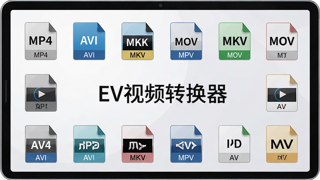 一张展示EV视频转换器格式选择界面的特写图,画面中显示多个视频格式图标排列整齐,包括MP4、AVI、MKV、MOV等,界面中央有“EV视频转换器”标识,背景为柔和的白色与浅灰色,风格清爽专业,细节锐利,画质干净,无多余装饰