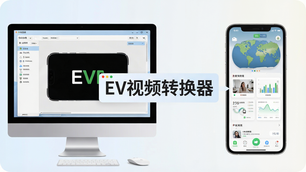 一张展示EV视频转换器在电脑与手机双端运行的对比图,左侧为电脑端软件界面,右侧为手机端应用界面,中间有“EV视频转换器”文字连接,背景为简洁的浅色渐变,风格干净清爽,细节清晰,画质高清,无多余元素