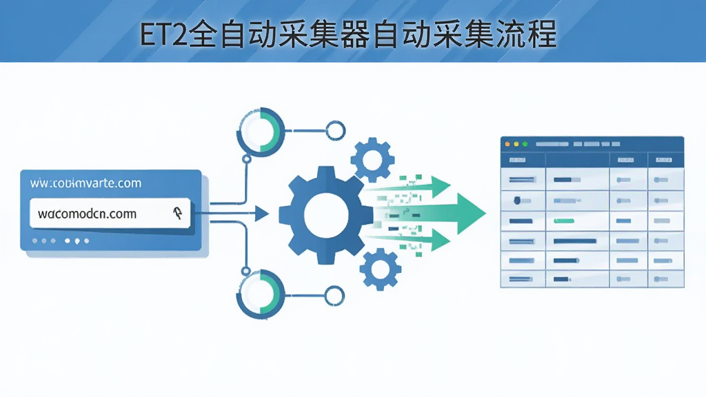 一张表现ET2全自动采集器自动采集流程的示意图风格图片,画面左侧为网址输入框,中间为齿轮与数据流箭头,右侧为结构化表格输出,主体为自动化采集概念图,布局从左到右递进,排版横向展开,风格为扁平化科技插画,细节包括数据节点、连接线、进度环,画质清晰,干净,无多余元素