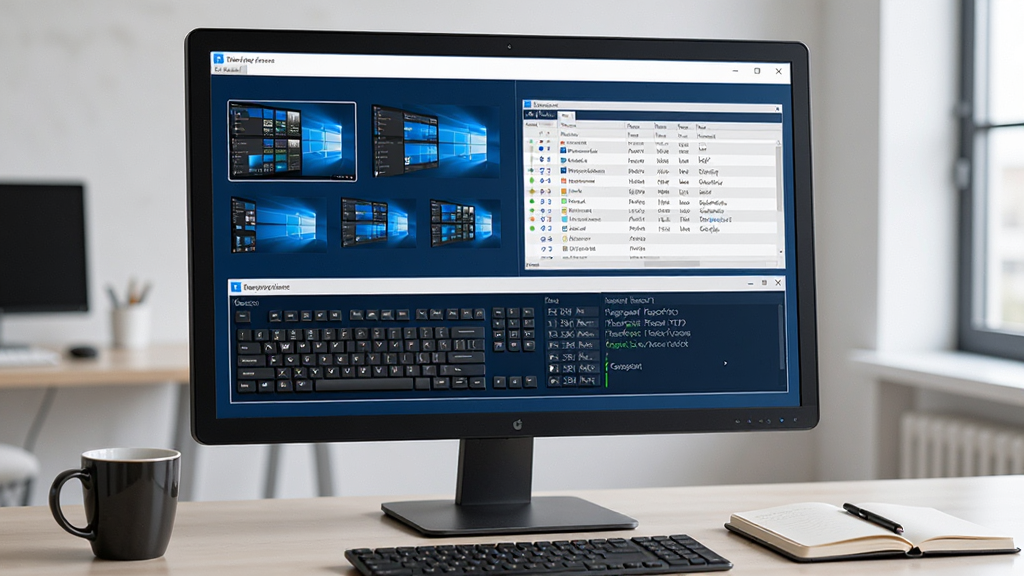 һ̨�칫���ϵ�Windows������Ļ��ʾ�Ŷര�ڼ����壬����������Ļ��ͼ����ͼ�����������б��ͼ��̼�¼���򣬽�����רҵ��࣬���岼����������ɫ���������Ͱ�ɫΪ������Ļ�Ա߷���һ�����Ⱥ�һ���ʼǱ������ʸ��壬�ɾ����޶���Ԫ��