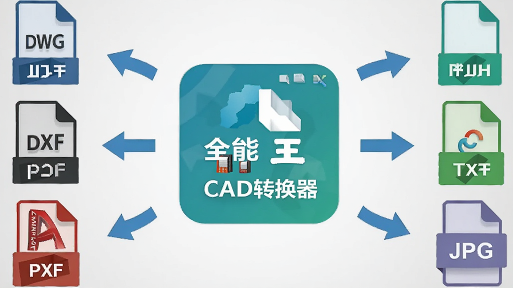 一幅展示文件格式转换概念的插画,画面中央是全能王CAD转换器的软件图标,周围环绕着DWG、DXF、PDF、JPG等格式标签,箭头从CAD格式指向通用格式,背景为浅灰色渐变,风格扁平化设计,细节包括文件图标与转换箭头,画质清晰,干净,无多余元素
