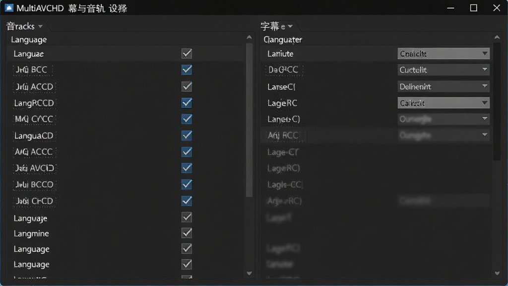 multiAVCHD字幕与音轨设置界面图,主体为软件参数面板中的音轨与字幕选择列表,布局为上下分区,排版规整,风格为深色专业界面,细节包含语言标签、勾选框、下拉菜单,画质清晰,干净,无多余元素