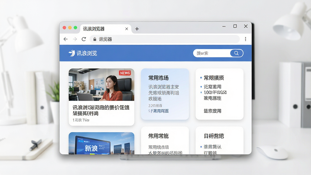 一张展现讯浪浏览器主界面的图片,画面中央是简洁的浏览器窗口,上方地址栏清晰显示“讯浪浏览器”字样,窗口内展示着新闻与常用网址导航卡片,背景是明亮整洁的桌面环境,风格现代简约,细节包括窗口阴影、图标圆角、搜索框高亮,画质清晰,干净无多余元素