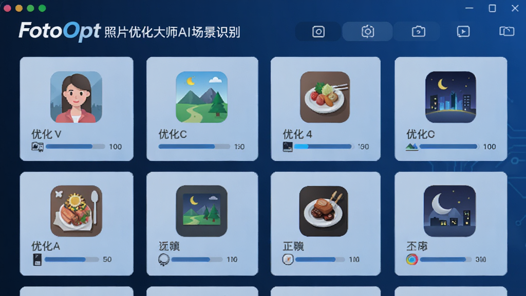 一张展示FotoOpt 照片优化大师AI场景识别功能的图片,主体是软件界面中多个场景图标排列,布局为网格状,排版整齐,风格为科技蓝调,细节包括人像、风景、美食、夜景图标及对应优化参数条,画质高清,干净无多余元素