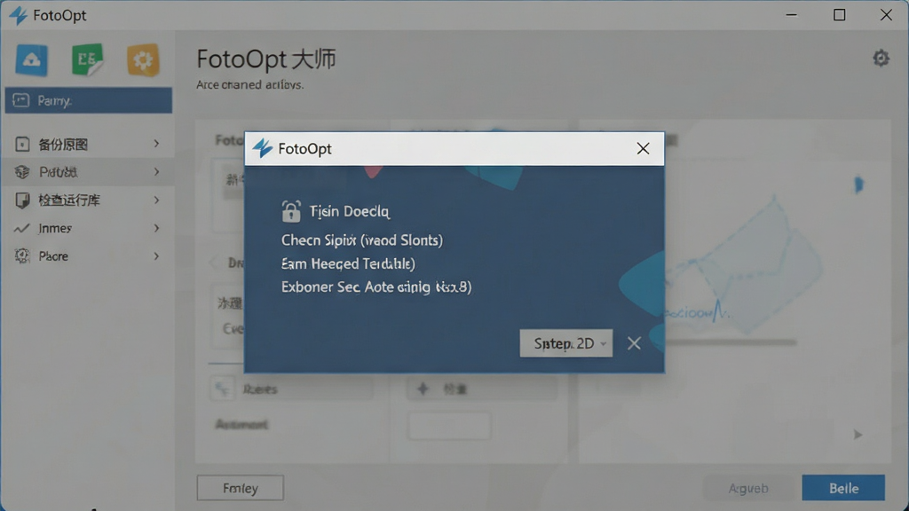 一张展示FotoOpt 照片优化大师新手操作提示的图片,主体是软件界面中弹出的提示框,布局为居中弹窗,排版简洁,风格为扁平化设计,细节包括“备份原图”“检查运行库”“以管理员身份运行”等文字提示,画质高清,干净无多余元素