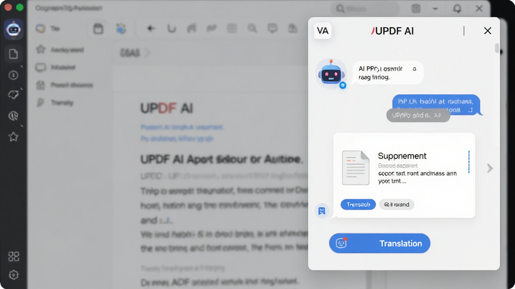 一张展示UPDF AI助手功能的AI生图,主体为UPDF软件界面中的AI对话面板,布局为右侧悬浮窗口,排版清晰,风格为现代简约科技风,细节包括AI机器人图标、对话气泡、文档摘要卡片、翻译按钮,画质高清,画面干净,无多余元素,界面中显示文字“UPDF AI”