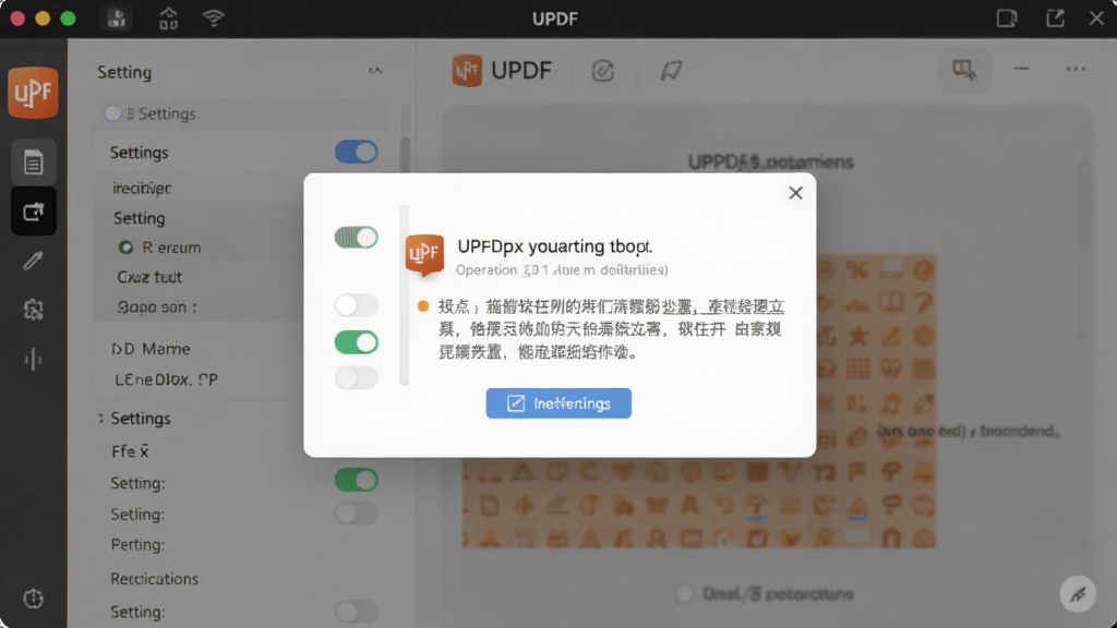 一张展示UPDF使用技巧的AI生图,主体为UPDF软件界面中的设置面板与操作提示弹窗,布局为居中展示,排版清晰,风格为扁平化商务风,细节包括设置选项、开关按钮、提示文字、软件logo,画质高清,画面干净,无多余元素,界面中显示文字“UPDF”