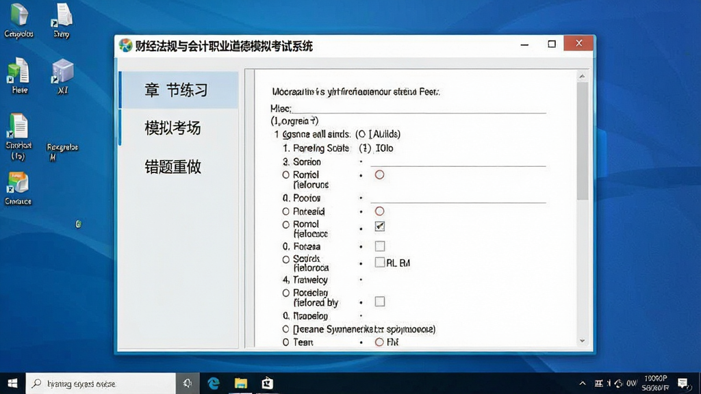 一张展示财经法规与会计职业道德模拟考试系统主界面的图片,画面中央是软件窗口,左侧显示章节练习、模拟考场、错题重做等功能菜单,右侧展示一套正在作答的单选题试卷,窗口上方标题栏清晰写着“财经法规与会计职业道德模拟考试系统”,整体布局为电脑桌面截图风格,画面干净整洁,文字清晰可辨,画质为高清1080P,无多余装饰元素